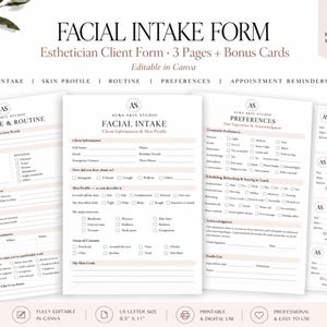 May include: A set of printable facial intake forms and appointment reminder cards for estheticians. The documents feature sections for client information, skin profiles, routines, and preferences, with the text Aura Skin Studio printed on each page.