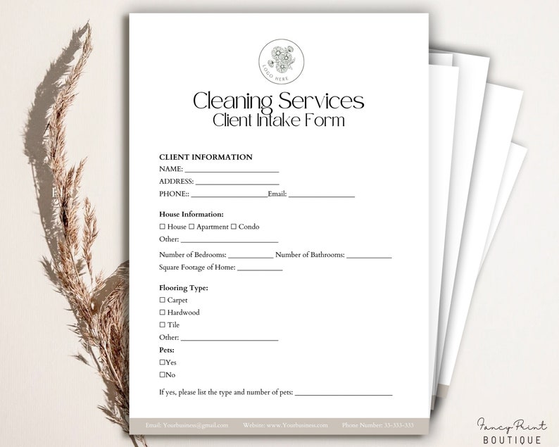 May include: A black and white cleaning services client intake form with sections for client information, house information, flooring type, and pets. The form includes fields for name, address, phone number, email, number of bedrooms, square footage of home, number of bathrooms, carpet, hardwood, tile, other flooring types, and whether or not there are pets.