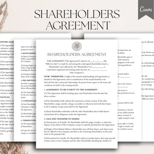 May include: A black and white legal document titled "Shareholders Agreement". The document outlines the terms and conditions of a business agreement between shareholders.