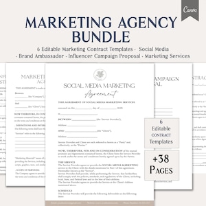 Peut inclure: Un ensemble de modèles d'agence de marketing, comprenant des accords de médias sociaux et des propositions de campagne d'influenceurs. Les documents sont blancs avec du texte noir, et l'ensemble comprend 6 modèles de contrats modifiables et 38 pages.