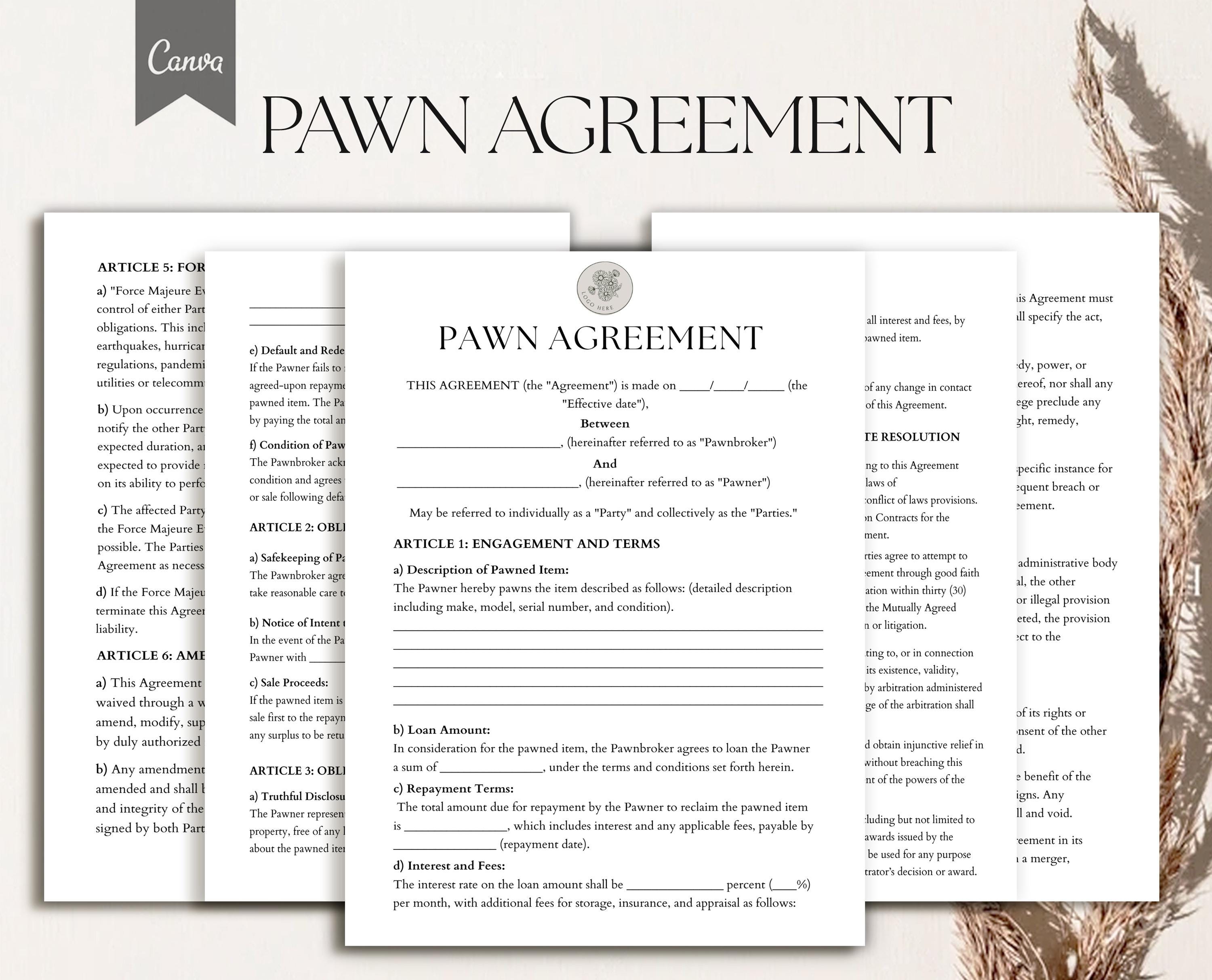 Editable Pawn Agreement, Collateral Loan Agreement, Pledge Agreement,  Security Loan Contract Pdf, Canva - Etsy, image size:3000x2425
