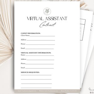 May include: A printable virtual assistant contract template with sections for client and virtual assistant information, as well as services requested.