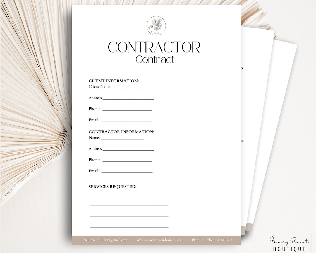 Contractor Contract Template, Freelance Contractor Form , Editable