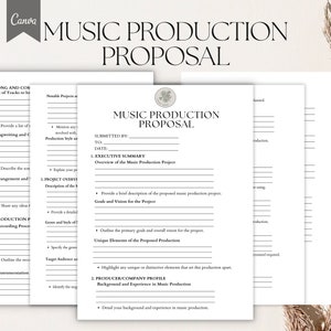 May include: A music production proposal template with the title "MUSIC PRODUCTION PROPOSAL" in a serif font. The document includes sections for executive summary, project overview, and producer profile. The Canva logo is in the top left corner.