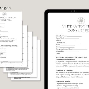 Puede incluir: Una tableta digital muestra un formulario de consentimiento para la terapia de hidrataci&oacute;n intravenosa. El formulario es blanco con texto negro, con secciones para la informaci&oacute;n del cliente y los detalles del tratamiento. Varias p&aacute;ginas impresas del mismo formulario est&aacute;n apiladas a la izquierda.