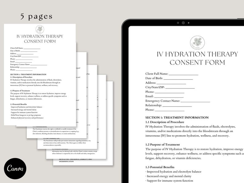 Puede incluir: Una tableta digital muestra un formulario de consentimiento para la terapia de hidrataci&oacute;n intravenosa. El formulario es blanco con texto negro, con secciones para la informaci&oacute;n del cliente y los detalles del tratamiento. Varias p&aacute;ginas impresas del mismo formulario est&aacute;n apiladas a la izquierda.