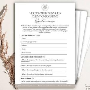 Videography Services Client, Onboarding Questionnaire, Questionnaire Form, Editable Videography Services questionnaires Template, Canva, Pdf