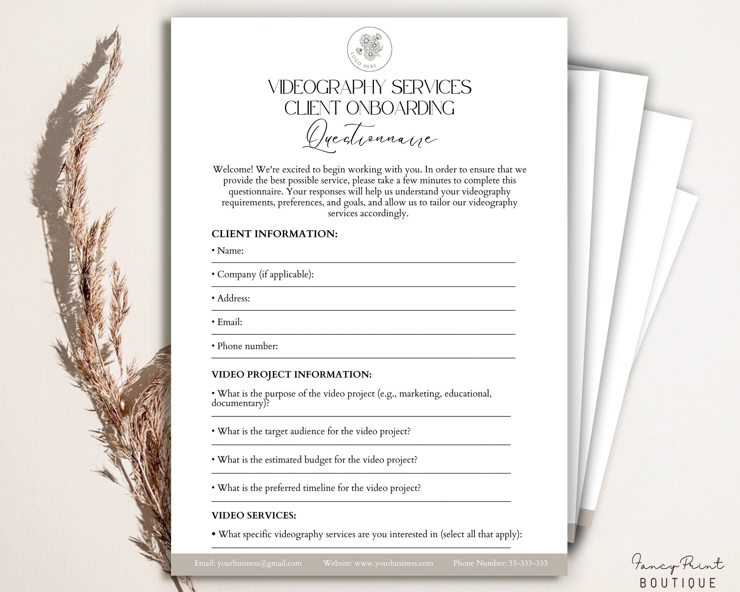 Videography Services Client, Onboarding Questionnaire, Questionnaire