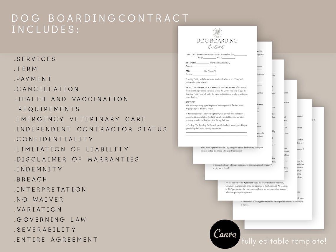 Dog Boarding Contract Template, Editable Dog Boarding Forms, Dog
