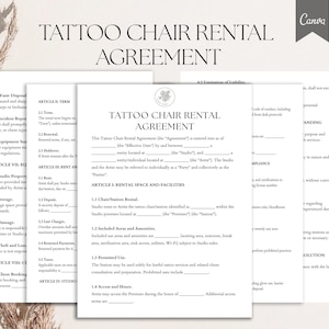 May include: A Tattoo Chair Rental Agreement template, featuring a clean, minimalist design. The document is displayed on a white background with the title "TATTOO CHAIR RENTAL AGREEMENT" at the top. The Canva logo is in the upper right corner.