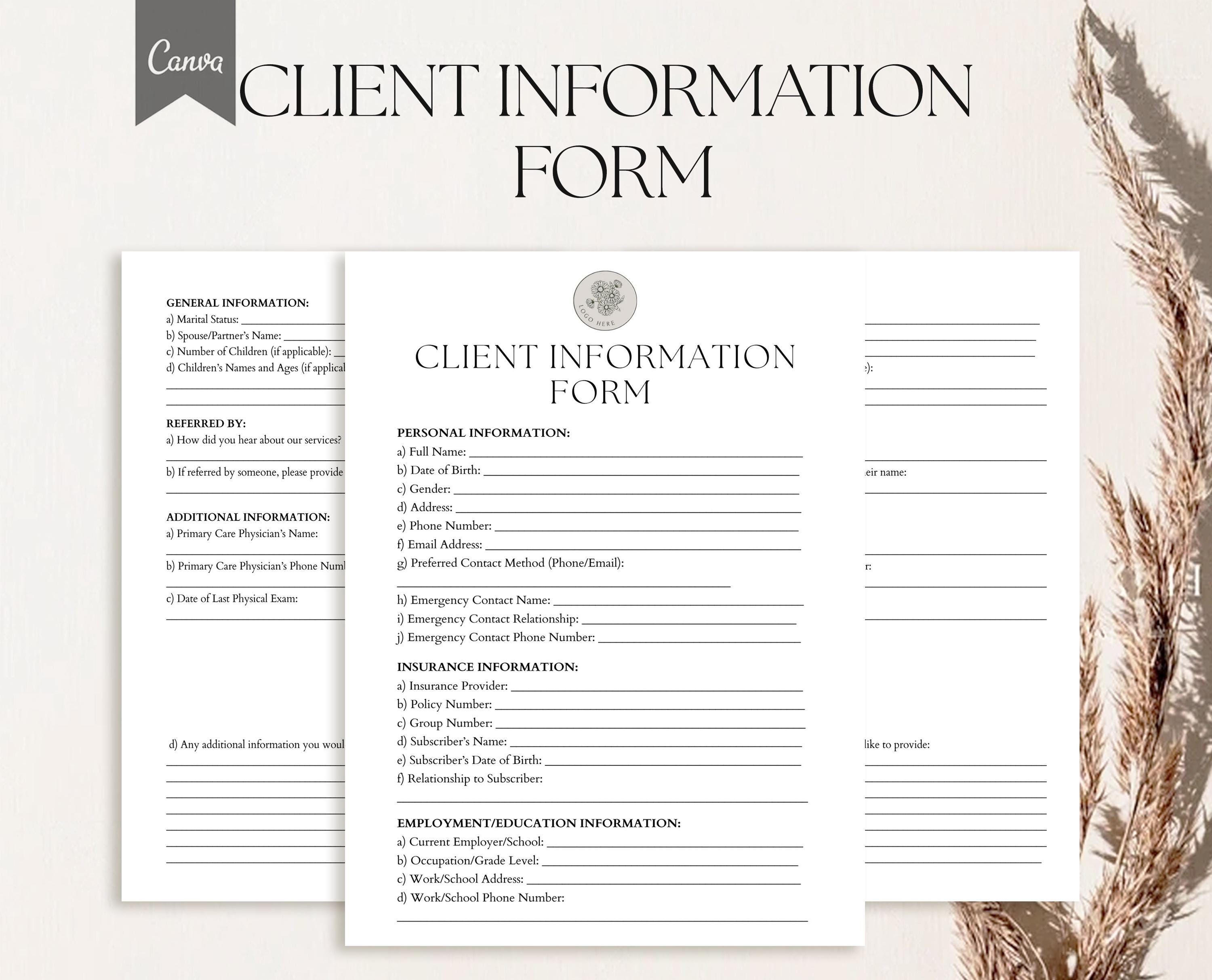 Client Information Form Template, Customer Information Form, Pdf, Canva ...