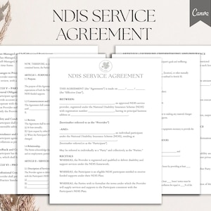 May include: A stack of white paper documents with the title "NDIS SERVICE AGREEMENT" in large, bold text. The documents contain detailed text and are likely related to disability insurance services. The Canva logo is in the upper right corner.