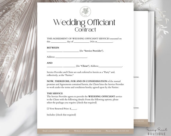 Editable Wedding Officiant Contract ,Officiant Agreement ,Couple Agreement Form for Wedding  , Modern wedding Ceremony Terms and Conditions