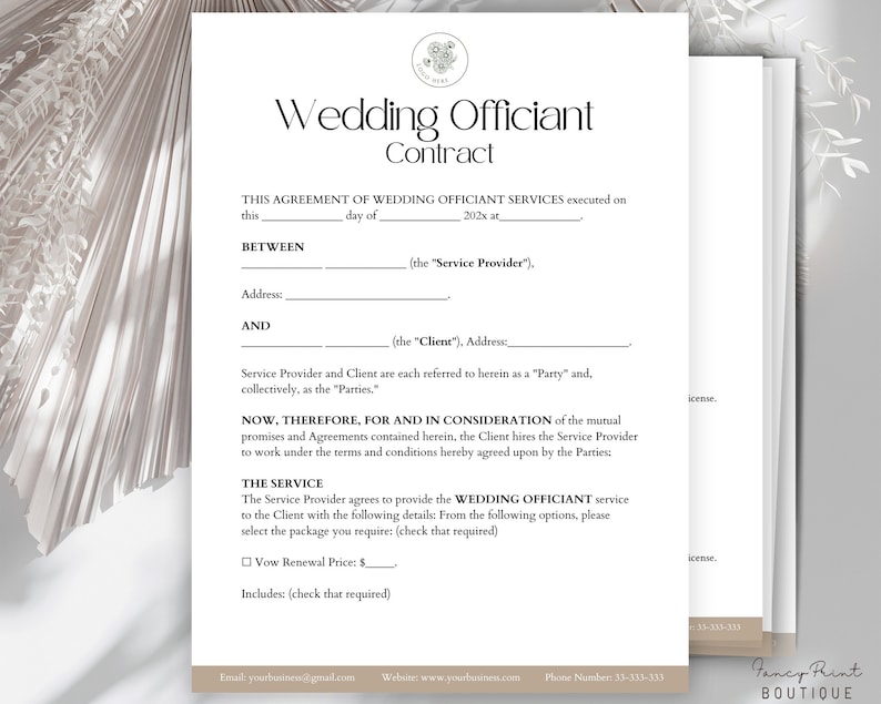 Puede incluir: Una plantilla de contrato de oficiante de bodas en blanco y negro con el t&iacute;tulo "Wedding Officiant Contract". El contrato incluye secciones para el proveedor de servicios y el cliente, as&iacute; como detalles sobre el servicio prestado.