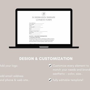 Puede incluir: Una computadora port&aacute;til muestra un formulario de consentimiento para la terapia de hidrataci&oacute;n intravenosa. El dise&ntilde;o incluye secciones para la informaci&oacute;n del cliente y los detalles del tratamiento. La imagen tambi&eacute;n destaca las opciones de dise&ntilde;o y personalizaci&oacute;n, con un logotipo de Canva.