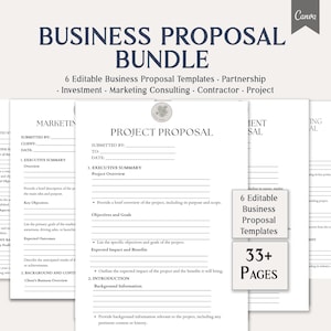 Puede incluir: Un paquete de plantillas de propuestas comerciales. La imagen muestra una pila de papeles blancos con texto, incluyendo "Business Proposal Bundle" y "6 Editable Business Proposal Templates". La imagen también incluye el texto "33+ Pages."