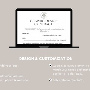 May include: A black and white graphic design contract template on a laptop screen. The template includes a title, "Graphic Design Contract", and sections for "Between" and "And". The text on the screen is fully editable and customizable. The template is designed to be used for graphic design projects.
