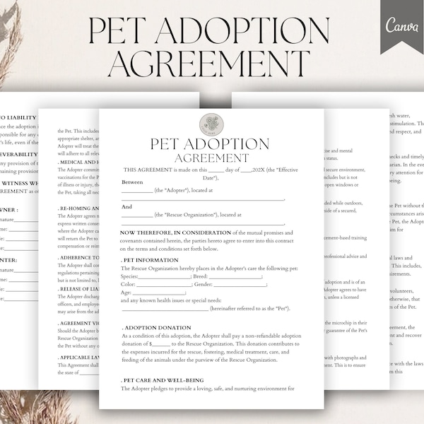 Editable Pet Adoption Agreement, Pet Adoption Terms, Puppy adoption template, Cat adoption form, Animal Rescue Adoption Contract Pdf,Canva