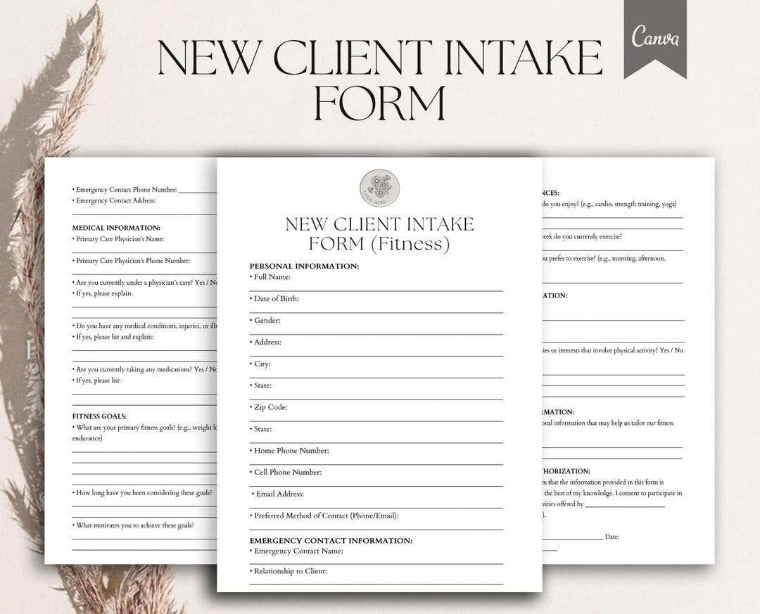 New Client Intake Form, Health and Fitness Profile Template, Pdf, Canva ...