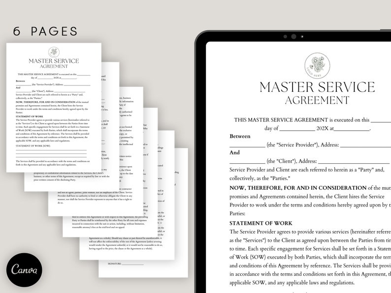 Editable Master Service Agreement, MSA Form, Business Services Contract ...