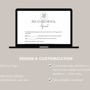May include: A laptop screen displaying a customizable template for an inflatable rental agreement. The template features a floral design and the text "Inflatable Rental Agreement". The text below the template highlights the design and customization features, including adding a logo, email address, phone number, and website. The text also mentions that the template is fully editable.