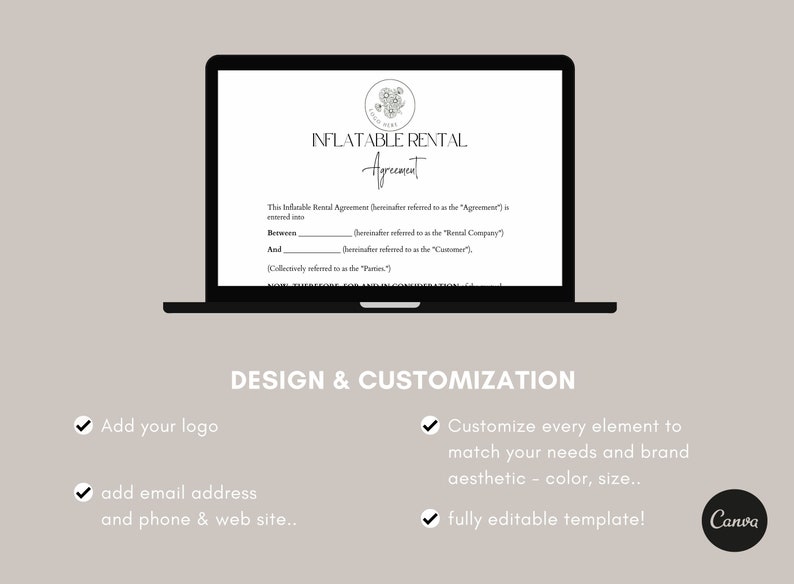 May include: A laptop screen displaying a customizable template for an inflatable rental agreement. The template features a floral design and the text "Inflatable Rental Agreement". The text below the template highlights the design and customization features, including adding a logo, email address, phone number, and website. The text also mentions that the template is fully editable.