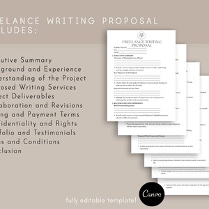 May include: A black and white template for a freelance writing proposal. The template includes sections for an executive summary, background and experience, understanding of the project, proposed writing services, project deliverables, collaboration and revisions, pricing and payment terms, confidentiality and rights, portfolio and testimonials, terms and conditions, and conclusion. The template is fully editable.