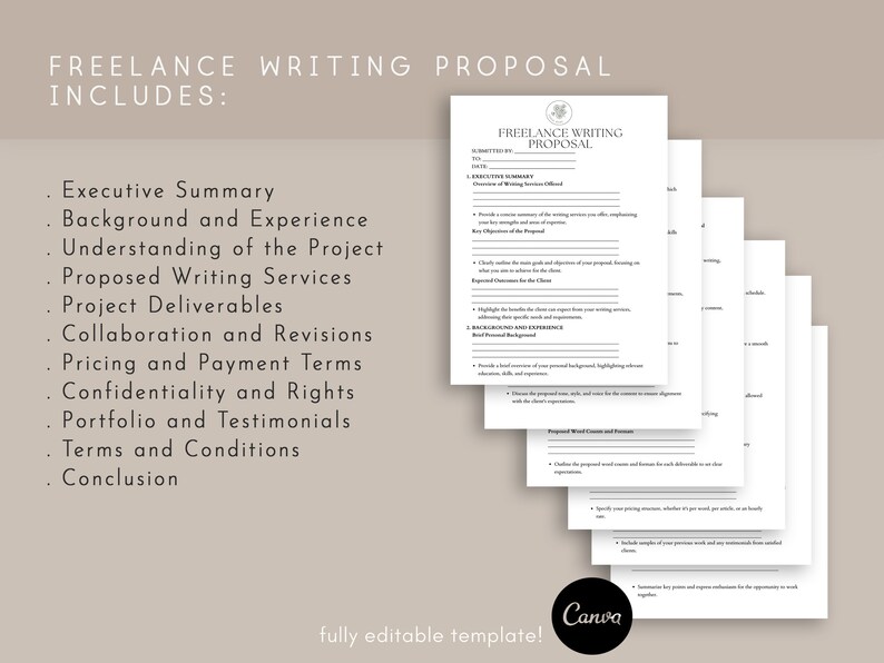 May include: A black and white template for a freelance writing proposal. The template includes sections for an executive summary, background and experience, understanding of the project, proposed writing services, project deliverables, collaboration and revisions, pricing and payment terms, confidentiality and rights, portfolio and testimonials, terms and conditions, and conclusion. The template is fully editable.
