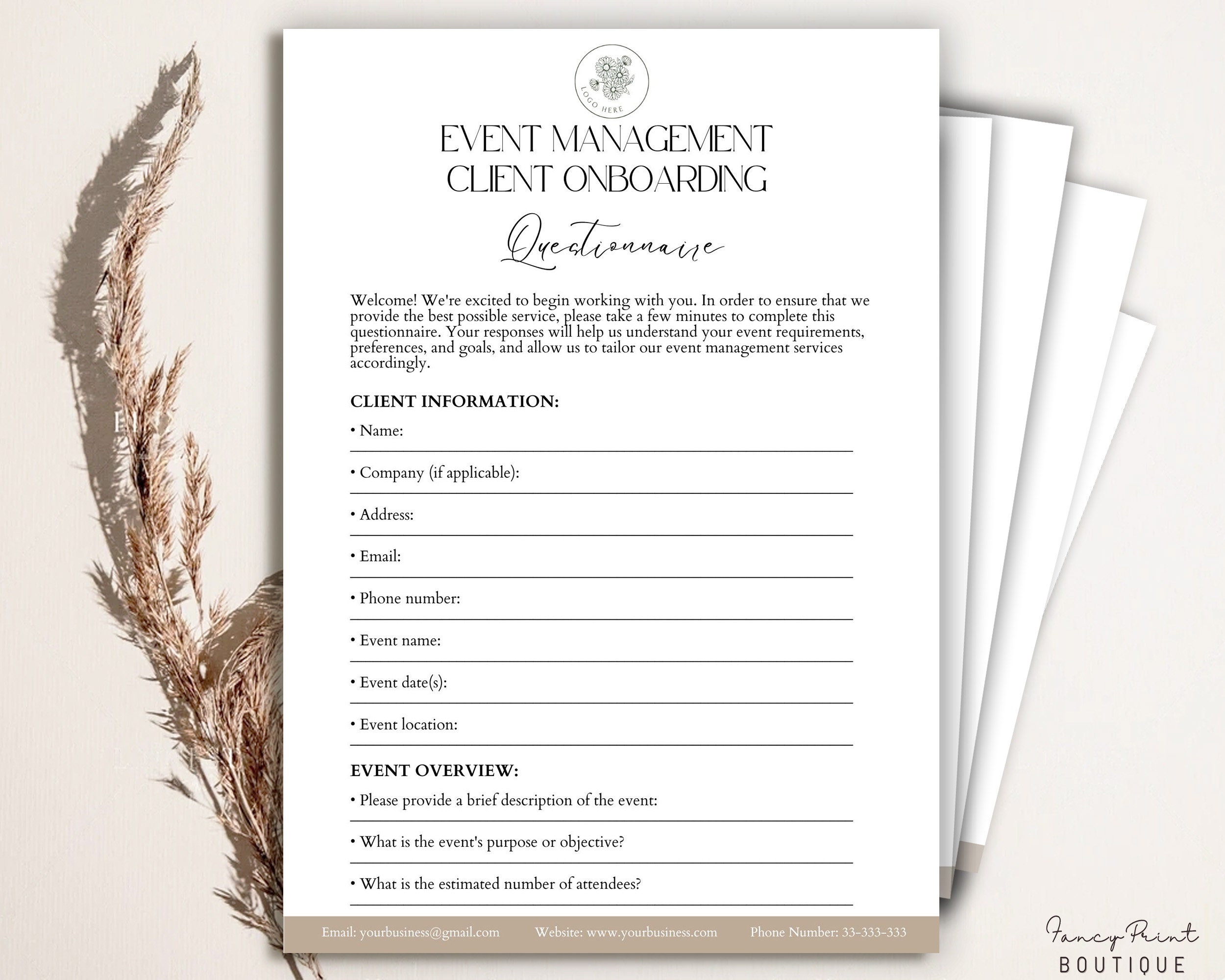 Editable Event Management Client Onboarding Questionnaire Form, Event