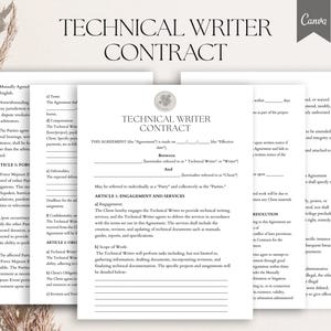Puede incluir: Varios documentos blancos con el título "TECHNICAL WRITER CONTRACT" en fuente serif. La plantilla del contrato incluye secciones para el compromiso, los servicios y el alcance del trabajo. El logotipo de Canva es visible.