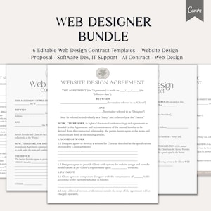 Puede incluir: Un paquete de seis plantillas de contratos de diseño web editables. Los documentos incluyen propuestas de diseño web, desarrollo de software, soporte de TI y contratos de IA. El título "Web Designer Bundle" está en la parte superior.