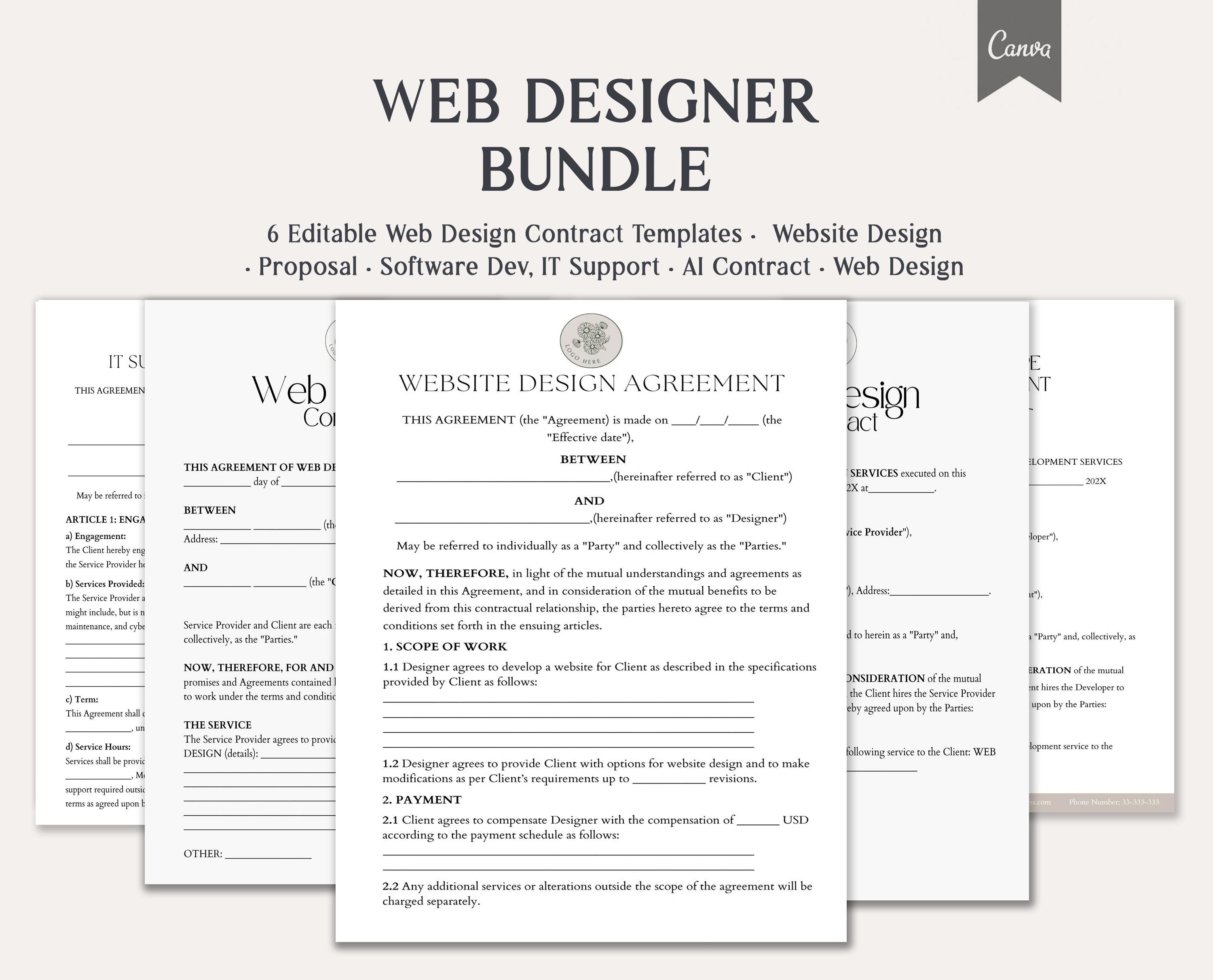 Web Designer Bundle, 6 Editable Web Design Contract Templates, Website ...
