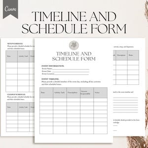 May include: A printable timeline and schedule form with sections for setup, event information, event timeline, and cleanup. The form has columns for time, activity, task, description, person responsible, and notes.