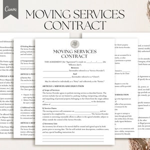 Puede incluir: Una plantilla de contrato de mudanzas minimalista en blanco y negro con un diseño floral decorativo. El contrato incluye secciones para arbitraje acordado, eventos de fuerza mayor, servicios y ejecución, resolución y más.