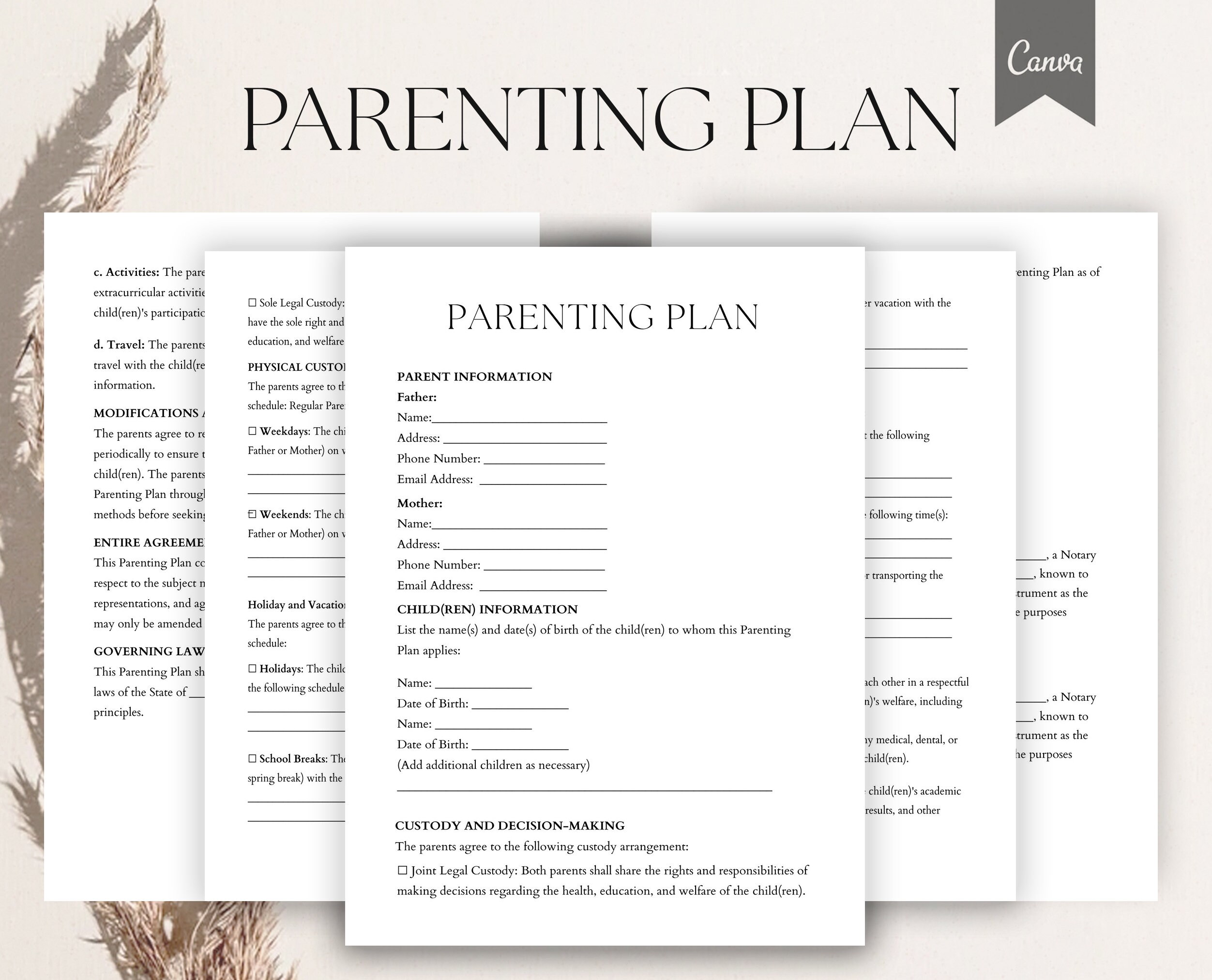 Parenting Plan Template Editable Parenting Plan Form Child Custody