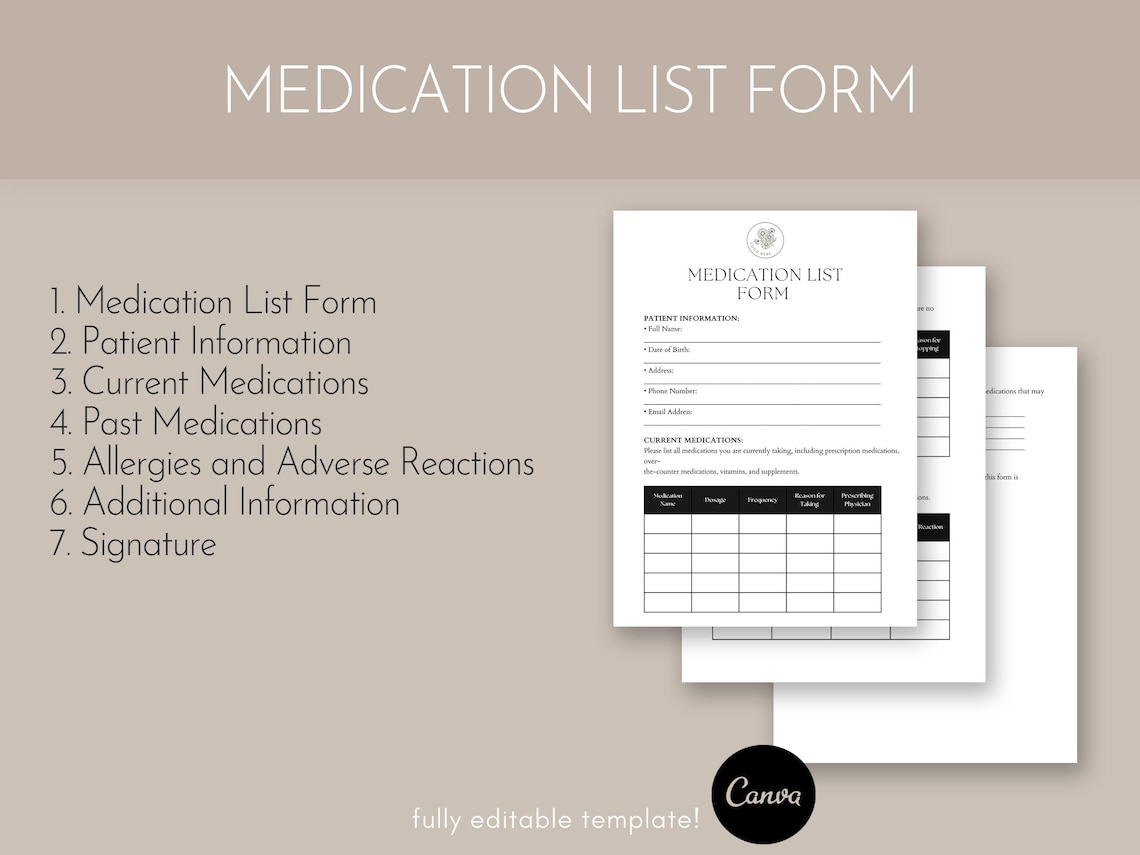 Medication List Form Template,pdf, Canva - Etsy