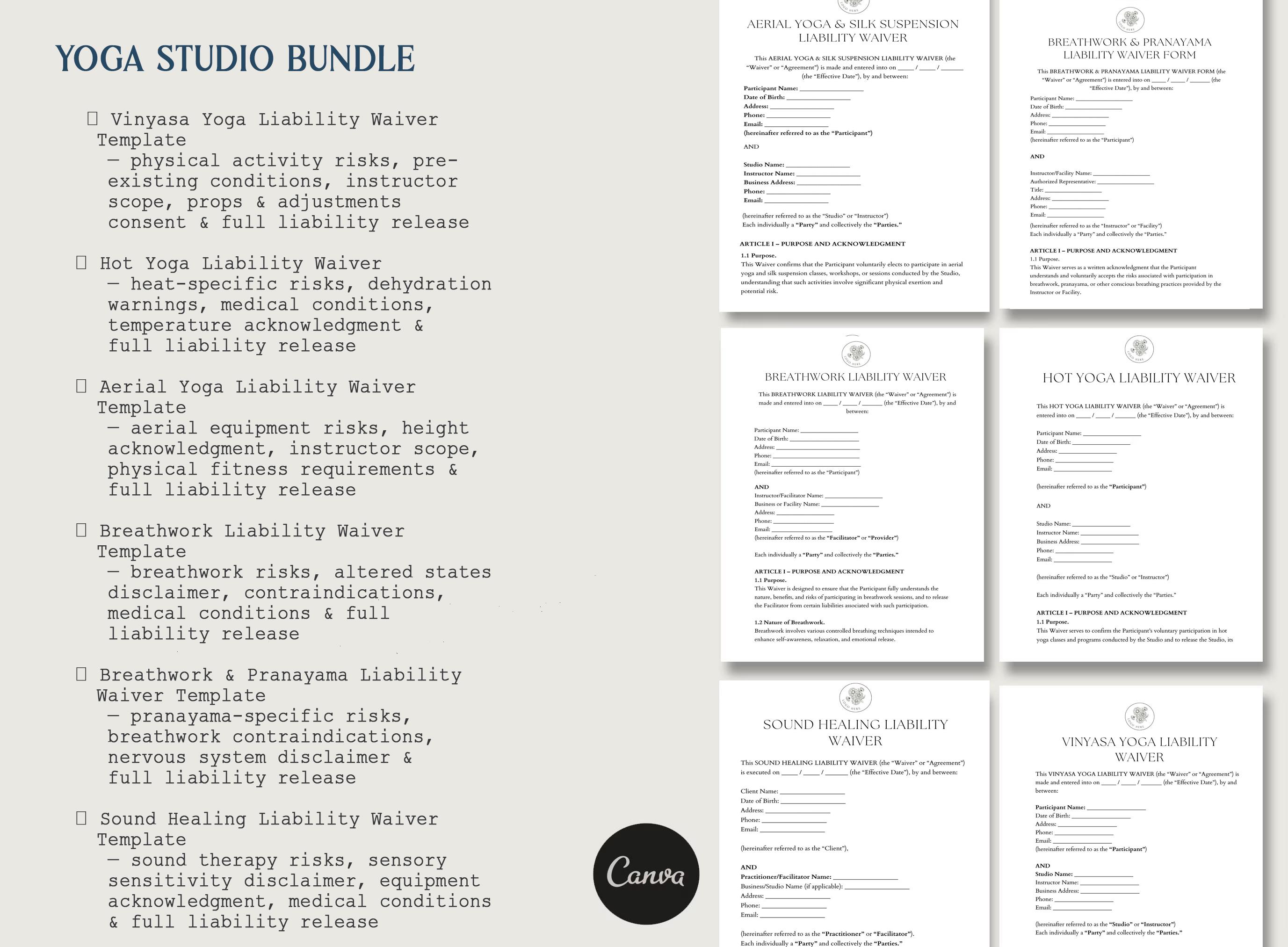 Yoga Studio Bundle, 6 Editable Yoga Liability Waiver Templates, Vinyasa ...