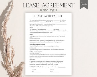 Editable One page lease agreement, Rental Agreement, Simple one page lease agreement, Lease Contract Template, Pdf, Canva