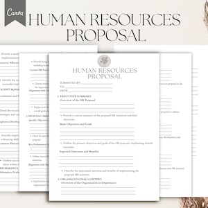 Puede incluir: Una plantilla imprimible en blanco y negro para una propuesta de recursos humanos. La plantilla incluye secciones para un resumen ejecutivo, los objetivos de la propuesta y el contexto organizacional.
