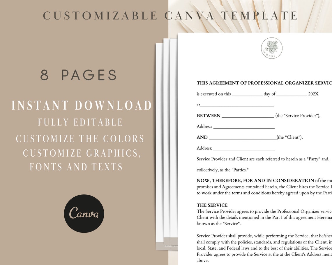 Editable Professional Organizer Agreement, Organizer Contract Template, Professional Organizer