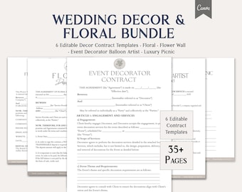 Wedding Decor & Floral Bundle, 6 Editable Decor Contract Templates, Florist, Flower Wall, Decorator, Balloon and  Picnic,  Instant Download