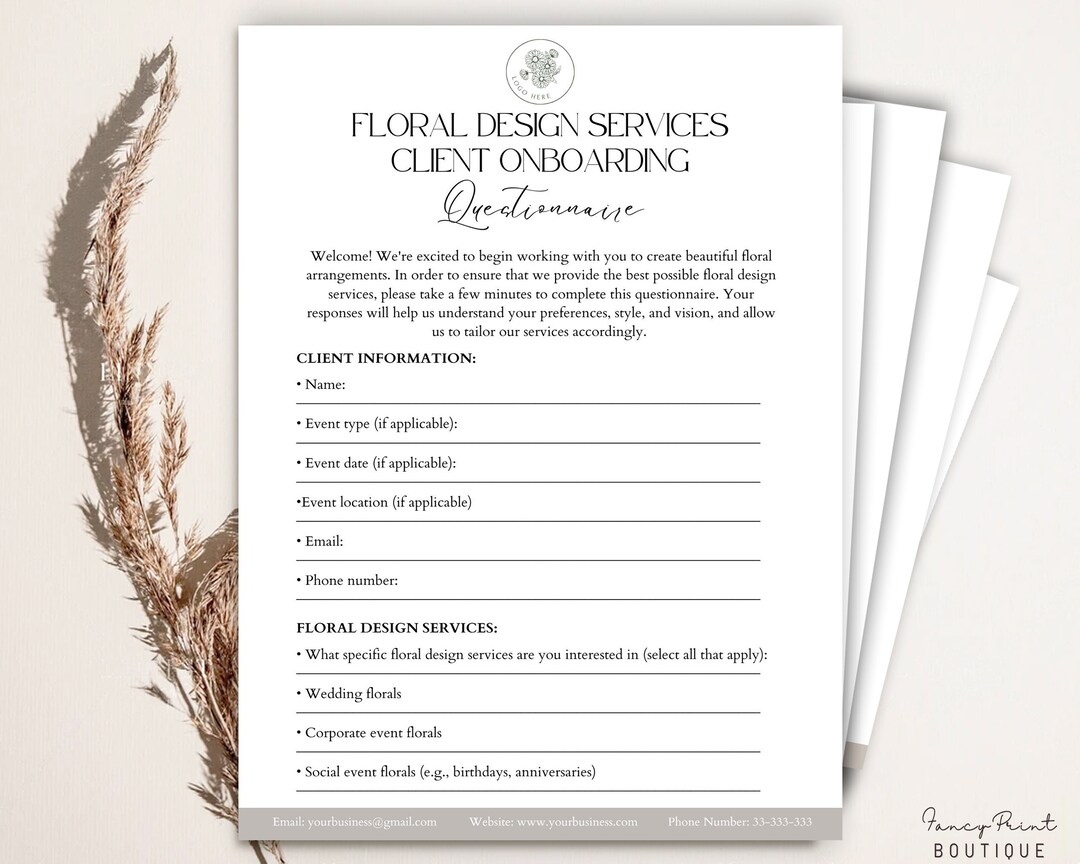 Editable Floral Design Services Client Onboarding Questionnaire Form, Floral Design