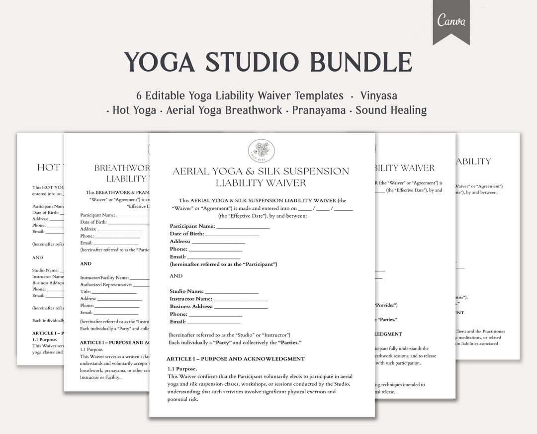 Yoga Studio Bundle, 6 Editable Yoga Liability Waiver Templates, Vinyasa ...