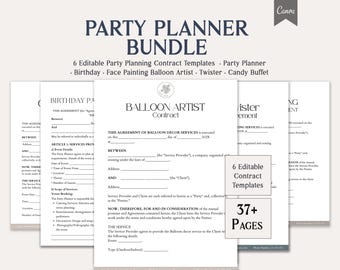 Party Planner Bundle, 6 Editable Party Planning Contract Templates, Birthday, Face Painting, Balloon & Candy Buffet, Instant Download, Canva