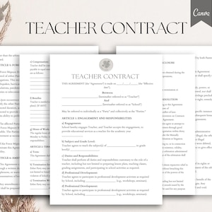 Puede incluir: Una plantilla de contrato de profesor en blanco y negro con el título "Teacher Contract" en negrita y fuente grande. El contrato está dividido en secciones con encabezados como "Compromiso y responsabilidades", "Deberes y responsabilidades" y "Desarrollo profesional".