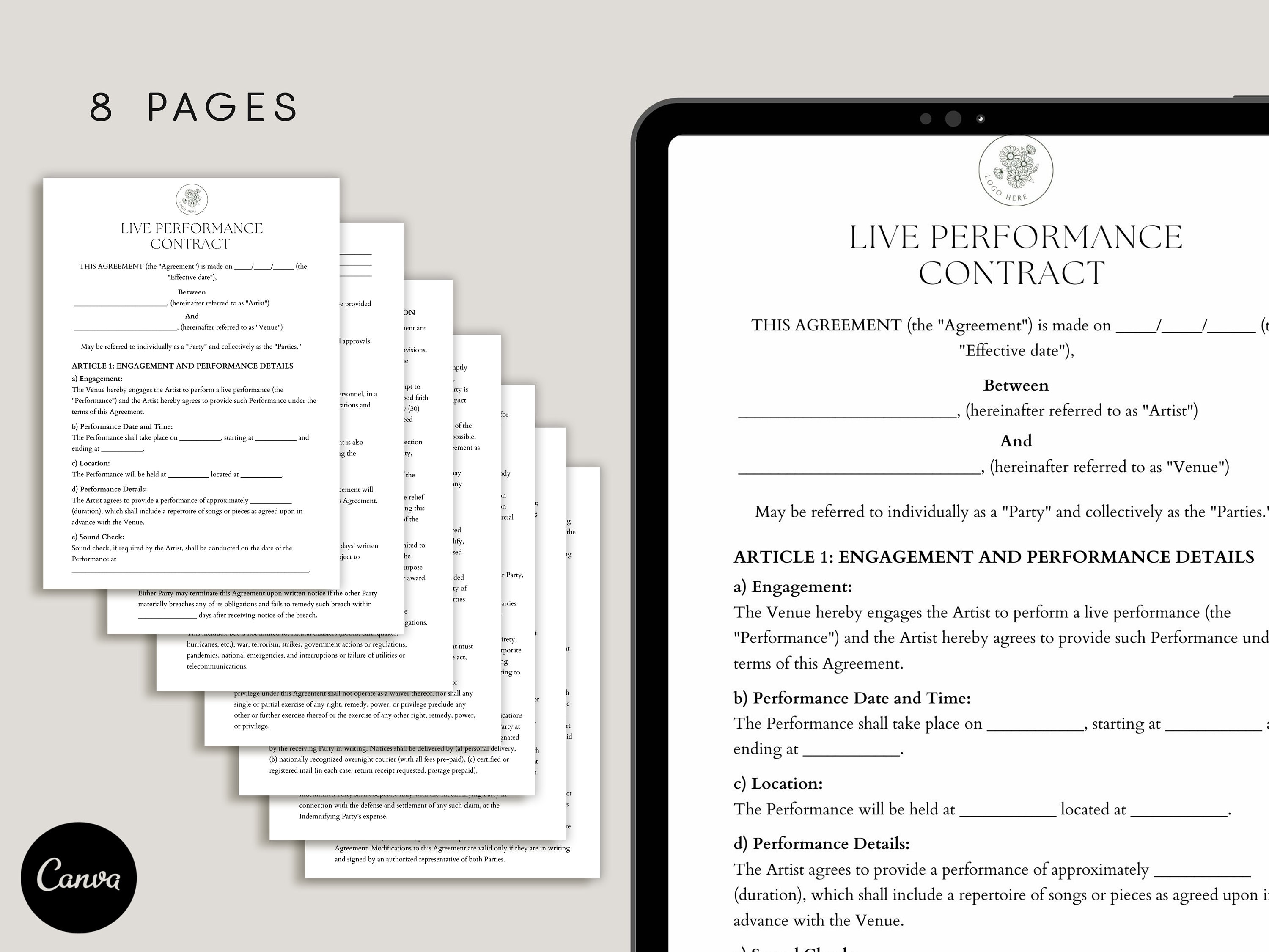 Live Performance Contract Template, Event Performance Agreement, Pdf ...