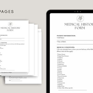 Puede incluir: Un formulario de historia m&eacute;dica en blanco y negro con el t&iacute;tulo "Formulario de historia m&eacute;dica" y secciones para la informaci&oacute;n del paciente y las condiciones m&eacute;dicas. El formulario incluye casillas de verificaci&oacute;n para diversas condiciones m&eacute;dicas, como enfermedades card&iacute;acas, presi&oacute;n arterial alta y diabetes.