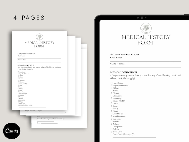 Puede incluir: Un formulario de historia m&eacute;dica en blanco y negro con el t&iacute;tulo "Formulario de historia m&eacute;dica" y secciones para la informaci&oacute;n del paciente y las condiciones m&eacute;dicas. El formulario incluye casillas de verificaci&oacute;n para diversas condiciones m&eacute;dicas, como enfermedades card&iacute;acas, presi&oacute;n arterial alta y diabetes.