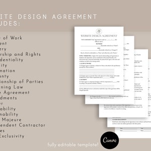 May include: A website design agreement template with a list of items included in the agreement, such as scope of work, payment, delivery, ownership and rights, confidentiality, liability, termination, warranty, relationship of parties, governing law, entire agreement, amendments, waiver, severability, assignability, force majeure, independent contractor, notices, and non-exclusivity. The template is fully editable.