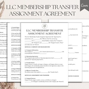 May include: A stack of white paper documents with the text "LLC MEMBERSHIP TRANSFER ASSIGNMENT AGREEMENT" in a black, bold font. The documents are for legal or business use, with sections for company information and transfer details.